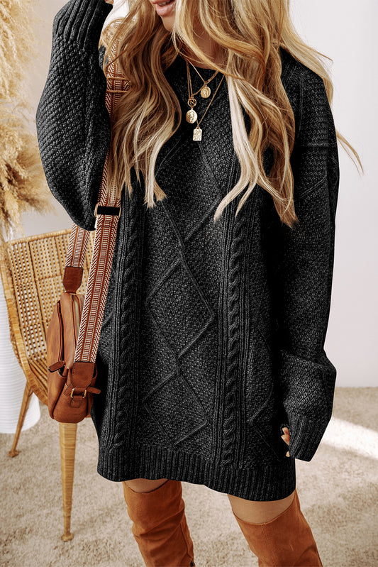 Black Cable Knit Drop Shoulder Loose Fit Sweater Dress